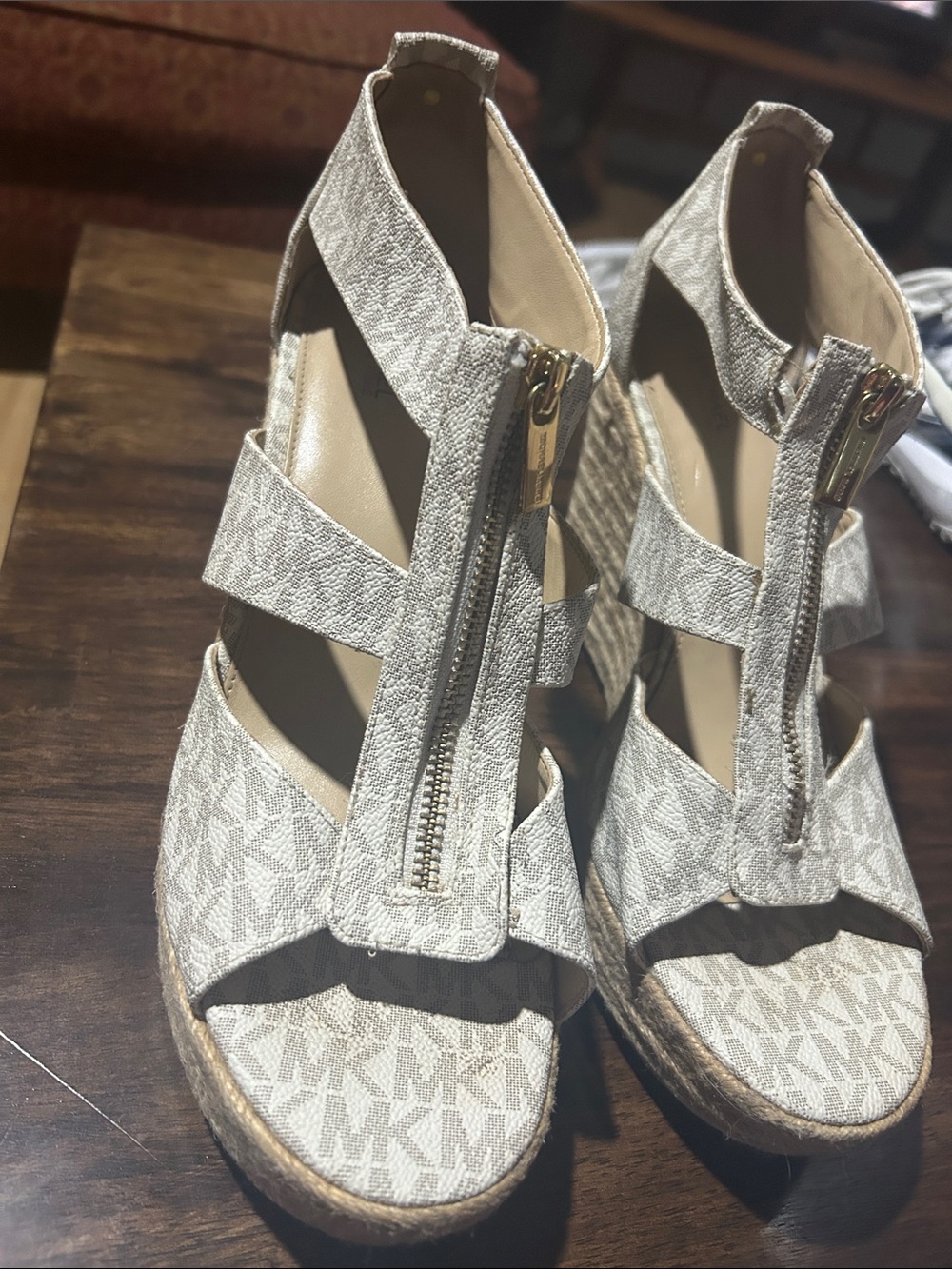 Michael Kors Neutral MK Signature Espadrille Wedge Sandals